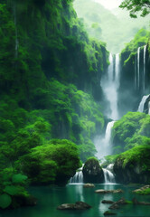 Fototapeta na wymiar Beautiful forest with waterfall, Generative AI Illustration.