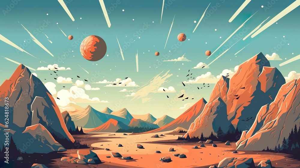 Poster abstract background asteroids. the asteroid belt through an illustration adorned with abstract backg