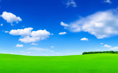 Fototapeta premium Green meadow and blue sky, Generative AI Illustration.