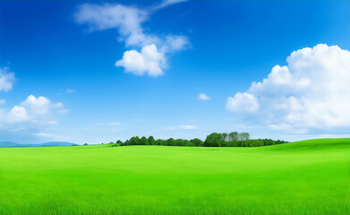 Obraz premium Green meadow and blue sky, Generative AI Illustration.