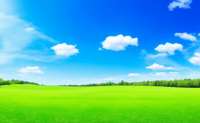 Obraz premium Green meadow and blue sky, Generative AI Illustration.