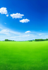 Fototapeta premium Green meadow and blue sky, Generative AI Illustration.