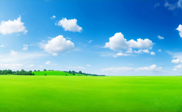 Green meadow and blue sky, Generative AI Illustration.