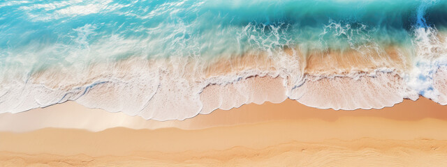 Abstract sand beach from above with light blue water wave and sun lights, summer vacation background concept. Generative AI - obrazy, fototapety, plakaty