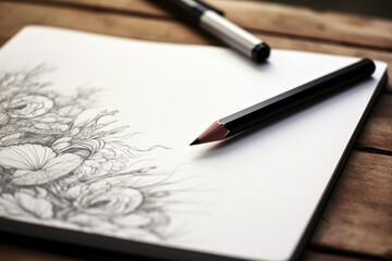 notebook with drawing and pen on a table