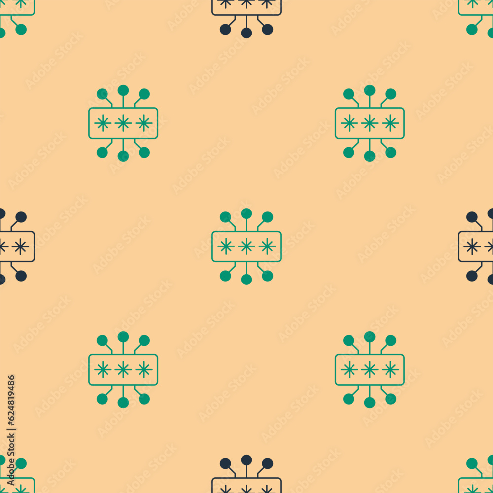 Poster green and black cyber security icon isolated seamless pattern on beige background. closed padlock on