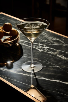 A luxury martini cocktail sitting on white and black marble, isolated on an expensive bar top.