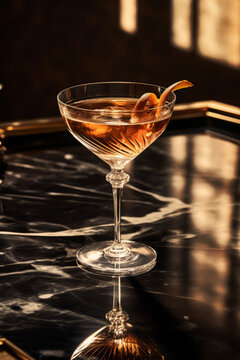 A luxury martini cocktail sitting on white and black marble, isolated on an expensive bar top.