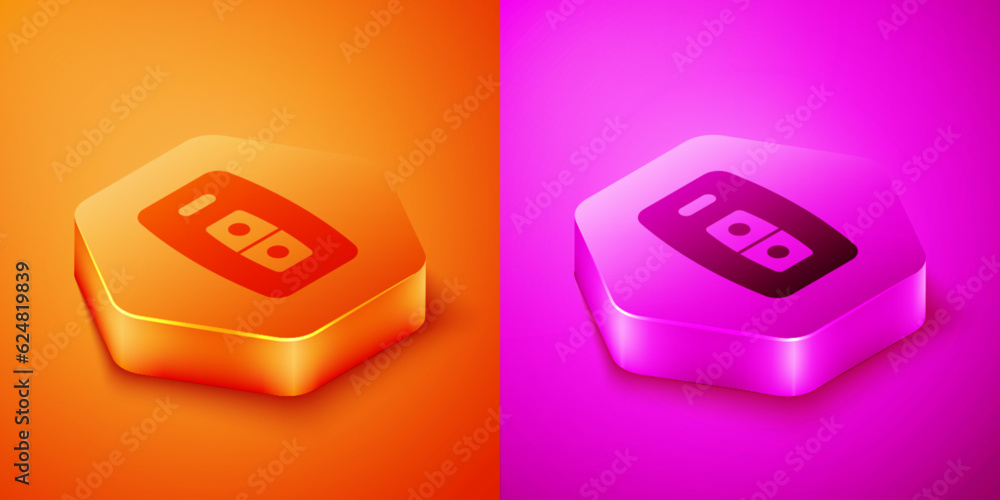 Poster isometric car key with remote icon isolated on orange and pink background. car key and alarm system.