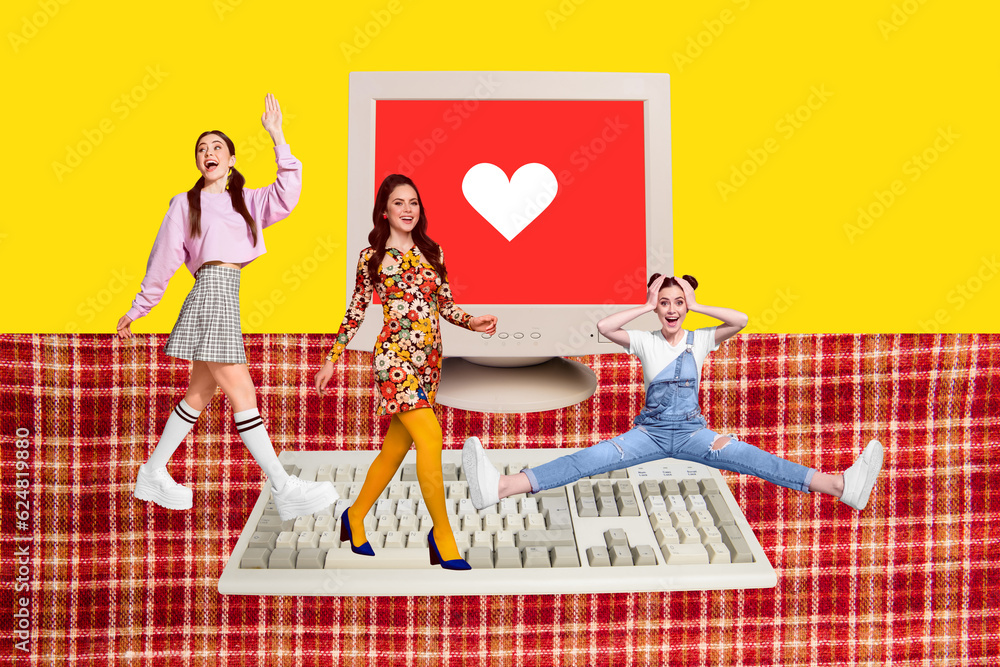 Canvas Prints Composite collage picture image of excited young funny beautiful three together female social media old computer monitor keyboard smm