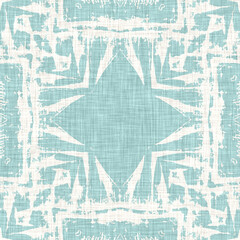 Teal aqua white vibrant watercolor batik azulejos tile background. Seamless coastal blur linen effect geometric mosaic effect.Boho Patchwork nautical masculine all over summer fashion repeat.