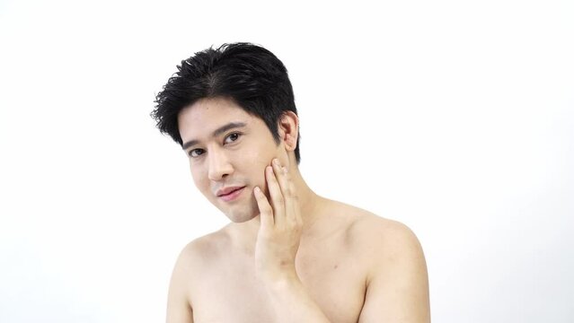 handsome young asian man on white background, Face care, Facial treatment, Cosmetology, beauty and spa, Asian men portrait.
