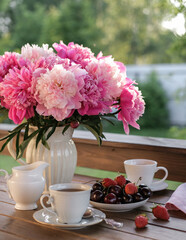 Breakfast with berries and coffee is served on the summer terrace or balcony.