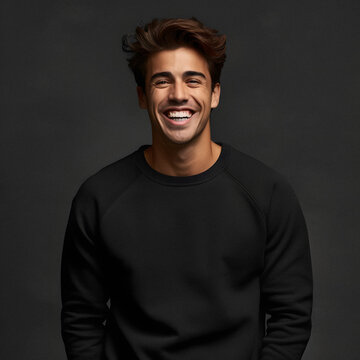 young smiling man in gildan sweater mock up black studio ai generated art