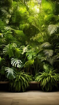 Fototapeta Bali style template green background, exotic tropical wall with green palm and banana leaves and atmospheric sunlight rays.
