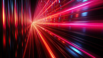 Red neon speed light lines background. Fiber optic Technology. Abstract futuristic wallpaper. banner. Illustration. Generative AI