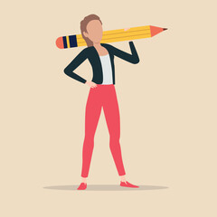 2D Vector Cartoon Woman Carrying Pencil on her Shoulders.