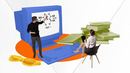 Contemporary art collage. Young woman, student sitting and looking on computer screen and learning...