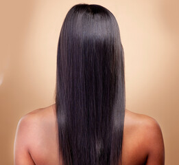 Fototapeta premium Back view, hair and woman, beauty and shine with cosmetic care isolated on brown studio background. Female model, haircare and growth, cosmetology and texture with growth and salon hairstyle glow
