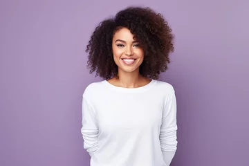  beautiful young woman standing on a purple background with curly hair and smiling, ai generated, white and purple, vibrant color combinations © Fotostockerspb