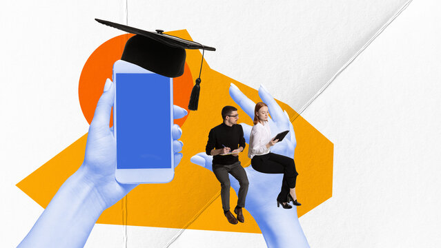 Contemporary art collage. Young people, man and woman, student learning online, using apps for studying different skills. Concept of online education, modern technologies, freelance job, innovations