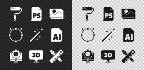 Set Paint roller brush, PS File document, Picture landscape, Computer monitor gear, Speech bubble with text 3D, Crossed ruler pencil, Circle Bezier curve and Magic wand icon. Vector