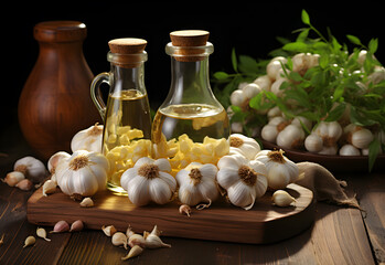 Garlic, olive oil, garlic cloves and basil on wooden table