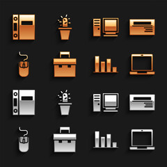Set Briefcase, Business card, Laptop, Pie chart infographic, Computer mouse, monitor, Office folders and Cactus and succulent pot icon. Vector