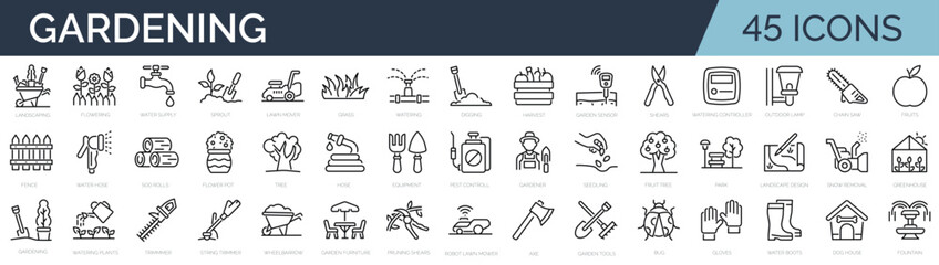 Set of 45 outline icons related to gardening, landscaping, farming. Linear icon collection. Editable stroke. Vector illustration - 624821893