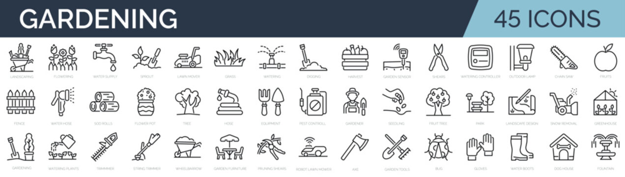 Set Of 45 Outline Icons Related To Gardening, Landscaping, Farming. Linear Icon Collection. Editable Stroke. Vector Illustration