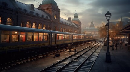 A historic train station photo realistic illustration - Generative AI.