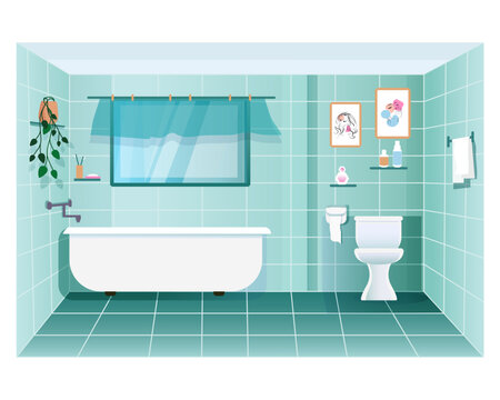 bathroom. Vannituba. Graafiline, karikatuurne, vektor sisekujundus kodu, ilusalongide, kaupluste ja kontorite jaoks. Vannituba, WC, aken, peegel, interj&ouml;&ouml;r, ruum.