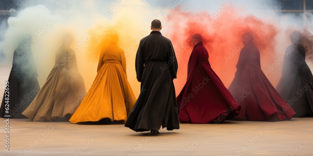 Poster a group of people standing in front of a group of colored smoke. generative ai. visualization of gen