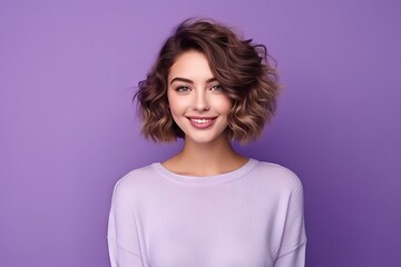 beautiful young woman standing on a purple background smiling