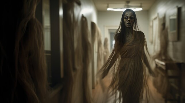 Paranormal female entity with ghastly face haunting the halls of an old house, ghost bride terrorizing guests, evil spirit finding no rest for her soul - generative AI 