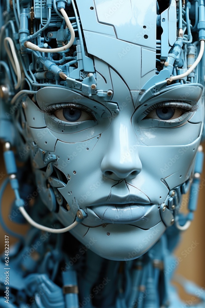 Poster a close up of a robot's head with wires attached to it. generative ai.