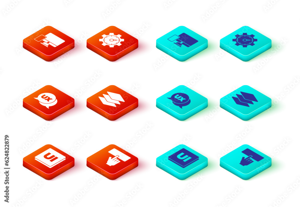Poster set ui or ux design, keyboard, layers, website statistic and monitor and mobile icon. vector