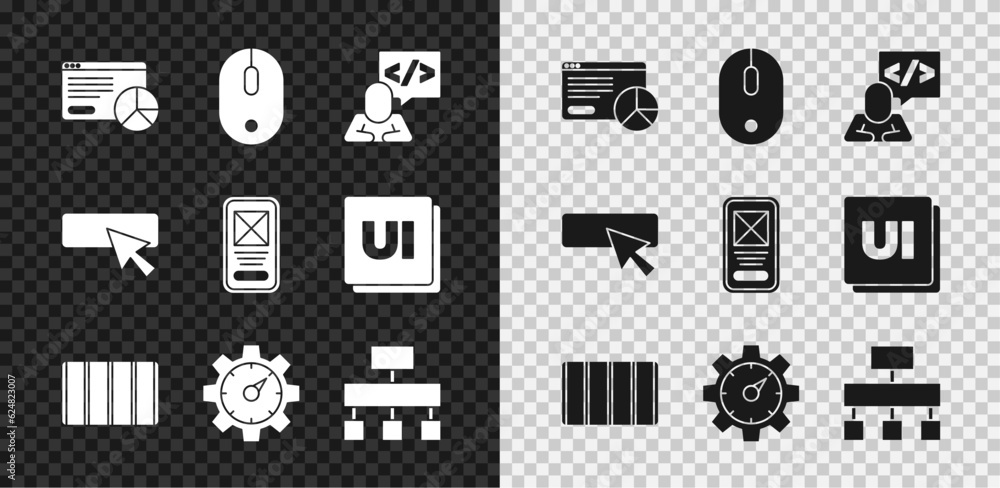 Aufkleber set website statistic, computer mouse, front end development, color palette guide, site map, ui ux d