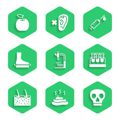 Set Microscope, Shit, Skull, Test tube with blood, Hair covering skin, Flat foot, Syringe and Apple icon. Vector