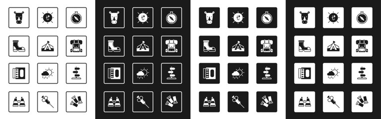 Set Compass, Tourist tent, Hunter boots, Rhinoceros, Hiking backpack, Sun, Road traffic sign and Matchbox and matches icon. Vector