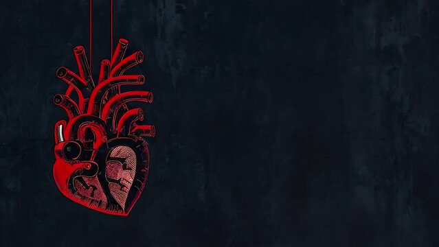 Futuristic medical animation with red human heart and free copy space on dark grunge background. Healthcare and cardiology, heartbeat looped concept. AI generated animation with image transformations