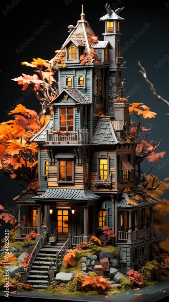 Poster a model of a house with a tree in front of it. generative ai.