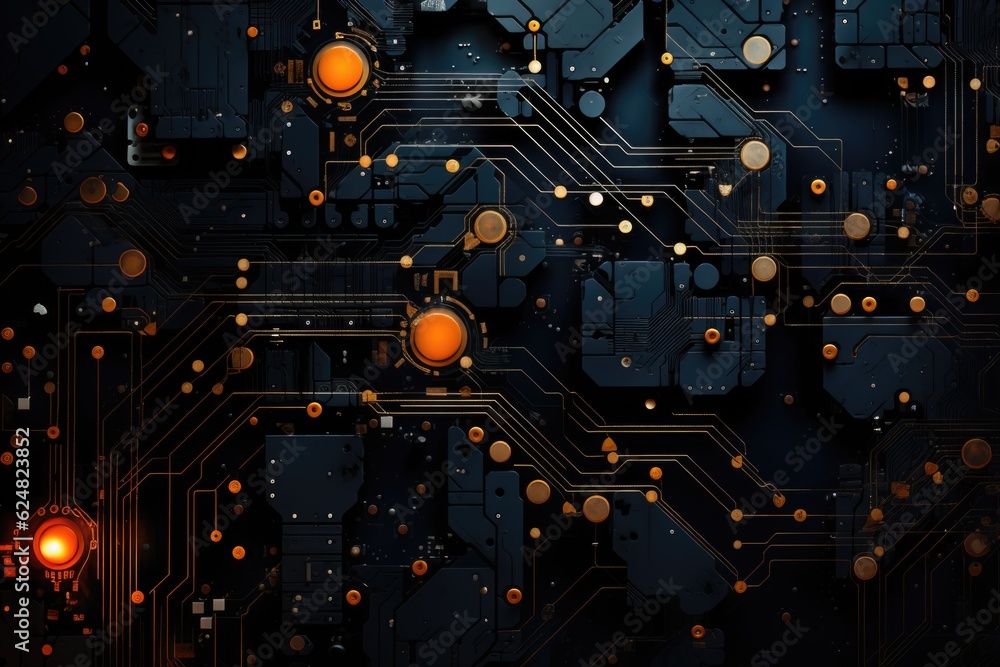 Poster a close up of a circuit board with orange lights. generative ai.
