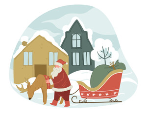 Naklejka premium Santa Claus and reindeer with sled in winter city
