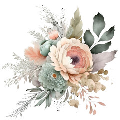 Boho bouquet of flowers, delicate floral arrangement watercolor illustration isolated with a transparent background, pastel blossom flowers design created with Generative AI