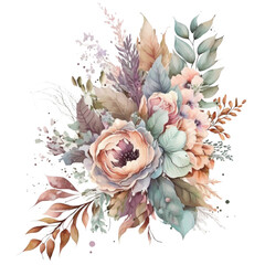 Soft Boho Flower bouquet, floral arrangement watercolor illustration isolated with a transparent background, pastel blossom flowers design created with Generative AI