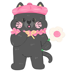 Naklejka premium Cute cartoon black cat holding a flower with a pink hat 