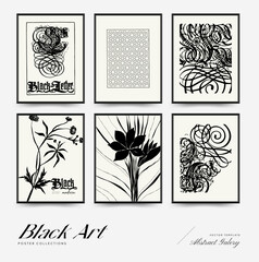 Abstract floral posters template. Modern Botanical trendy black style. Vintage flowers. Ink wall  art.