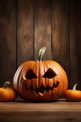 Obraz premium A group of pumpkins sitting on top of a wooden table. Generative AI.