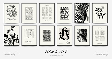 Abstract floral posters template. Modern Botanical trendy black style. Vintage flowers. Ink wall  art.